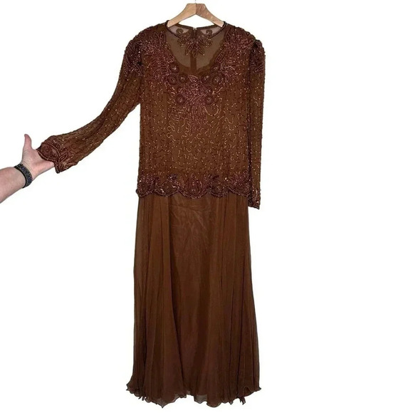 Alexis Womens 18 Elegant brown long sleeve silk beaded upper formal dress‎ NEW - Picture 3 of 10